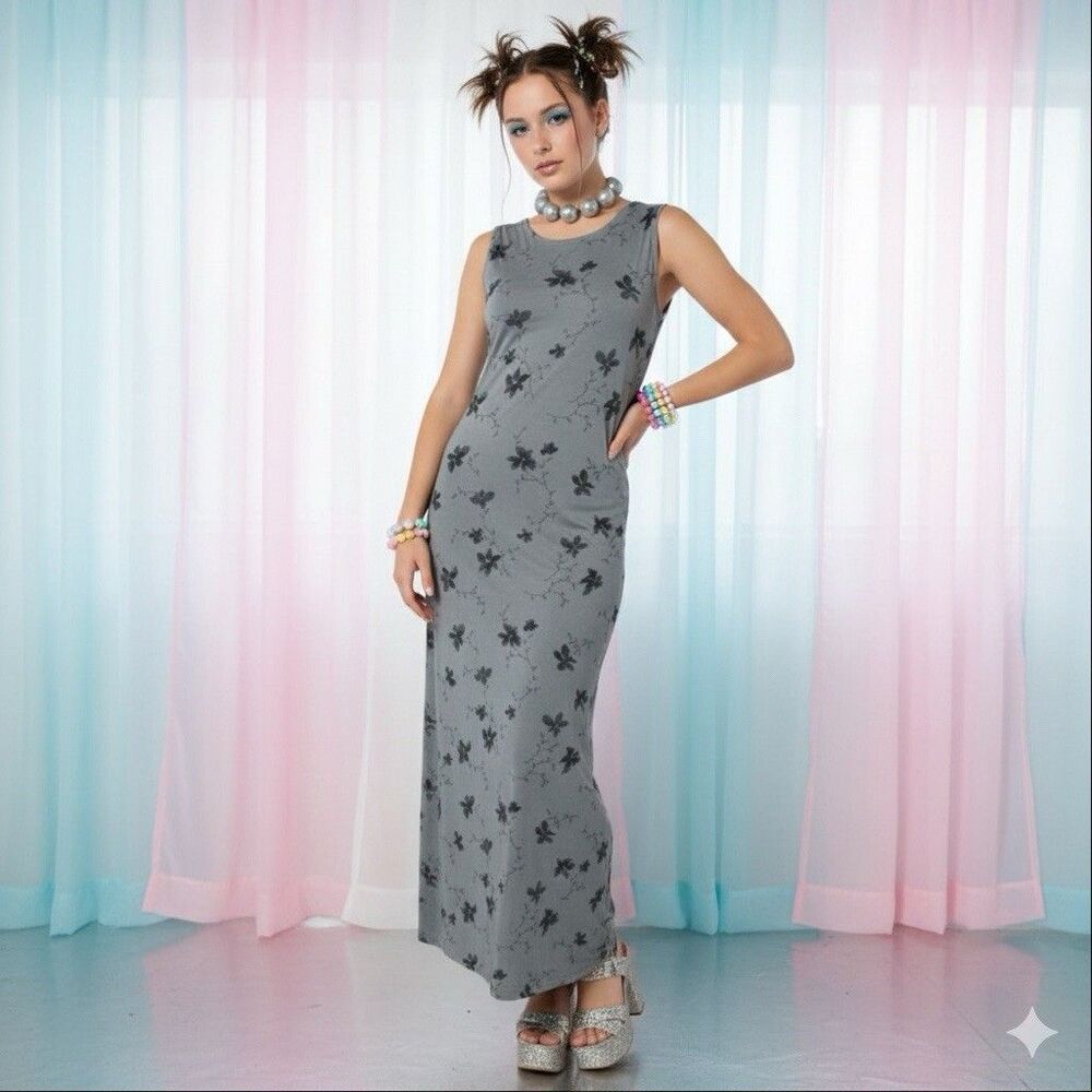 Y2K Maxi Dress Size 12 Silver Sparkle Floral Fairy Grunge Revival Prom  90s NWT
